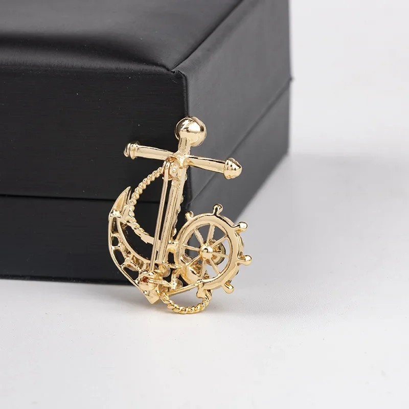 Men’s Retro Anchor Ship Wheel Brooch Pin Gold Crystal Nautical Suit Jewelry Gi