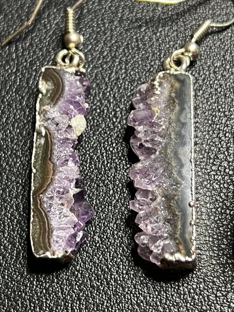 B6291 2pr Amethyst Geode & Hot Pink Agate Druzy Dangle Earrings Crystal Silvertn