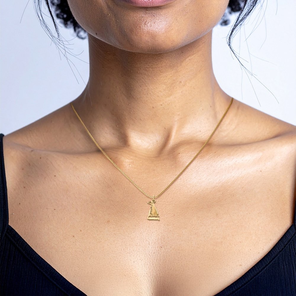 10K Solid Yellow Gold Petite Sailboat Pendant Necklace 10mm 3/8 inch Polished