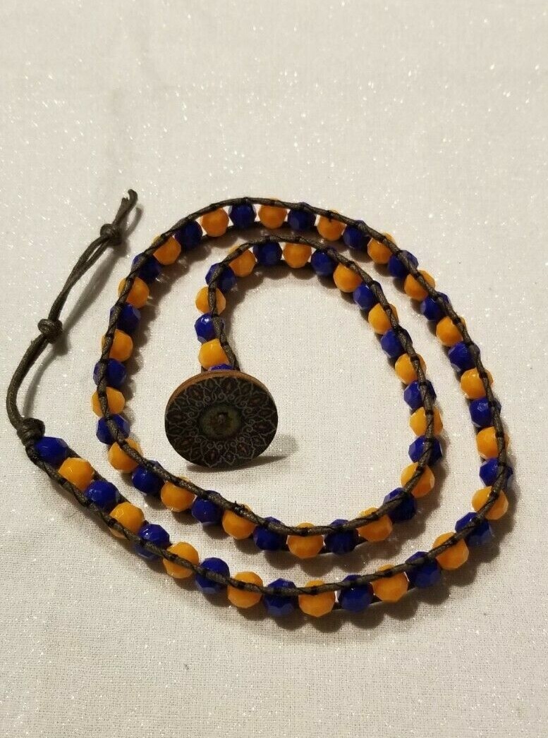 Blue/Orange Gator/Bronco/Auburn Themed Rondelle 3 Wrap Bracelet on Brown Leather