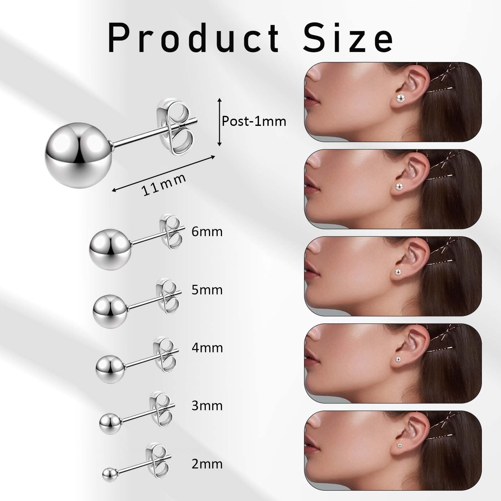 Stainless Steel Stud Earrings for Women & Men 2mm, 3mm, 4mm, 5mm, 6mm, Silver