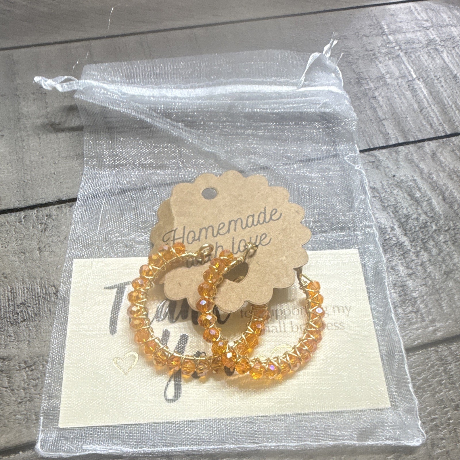 Handcrafted Gold Tone Orange Crystal Rondelle Beaded Hoop Dangle Earrings
