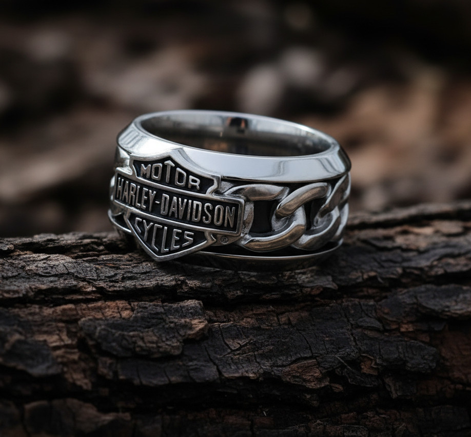 Men’s Harley-Davidson® Inlaid Chain B&S Logo Ring Stainless Steel 53 HSR0031