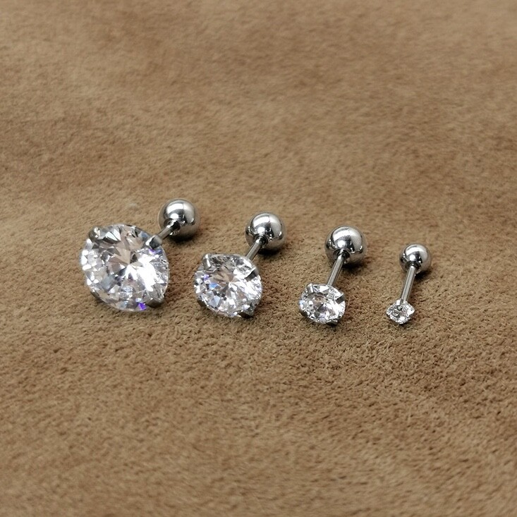 Womens Silver Round CZ Screw Back Ball Stud Earrings 316L Surgical Steel 2-6mm