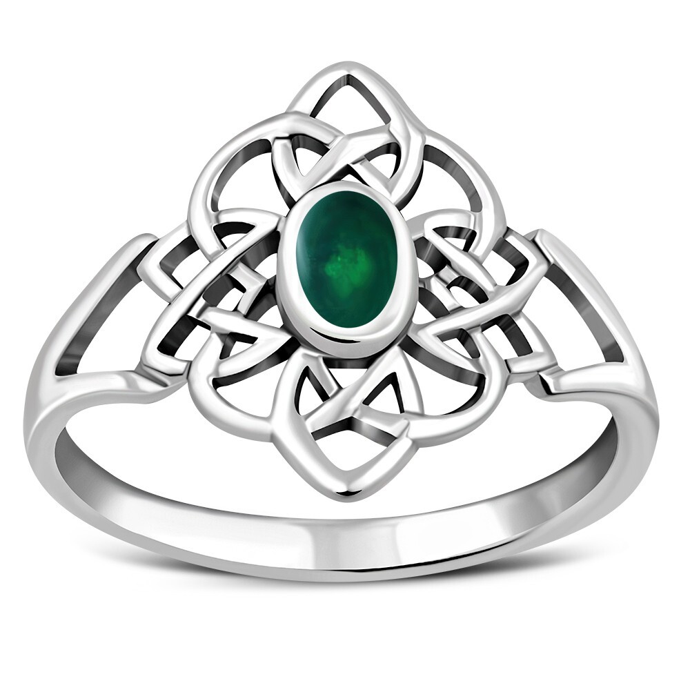 Green Agate Celtic Sterling Silver Ring Size O- MORE SIZES AVAILABLE