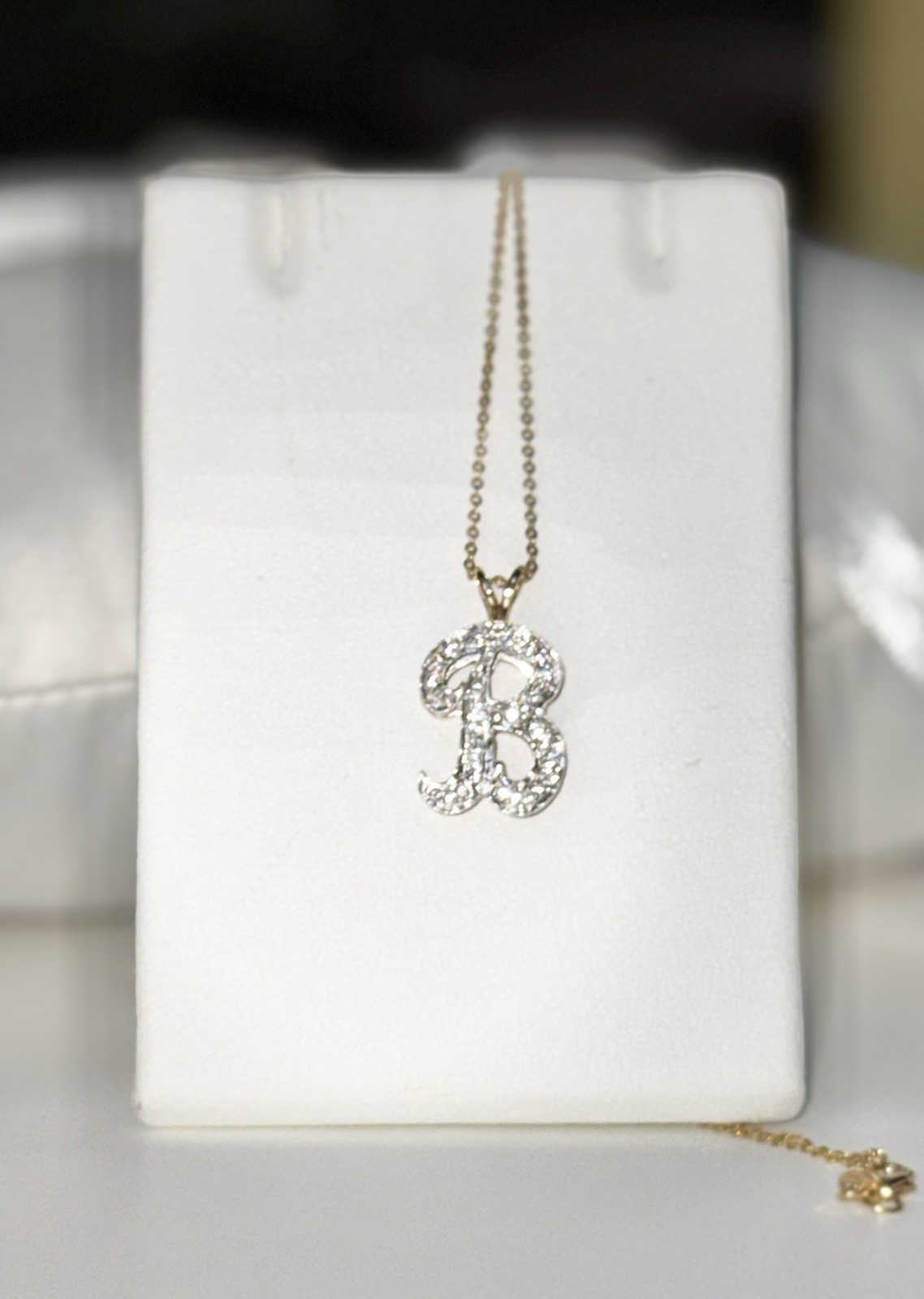 .35CT Diamond Letter B Pendant & 16” Fancy Cable Chain 14k Yellow Gold 5.2 Grams