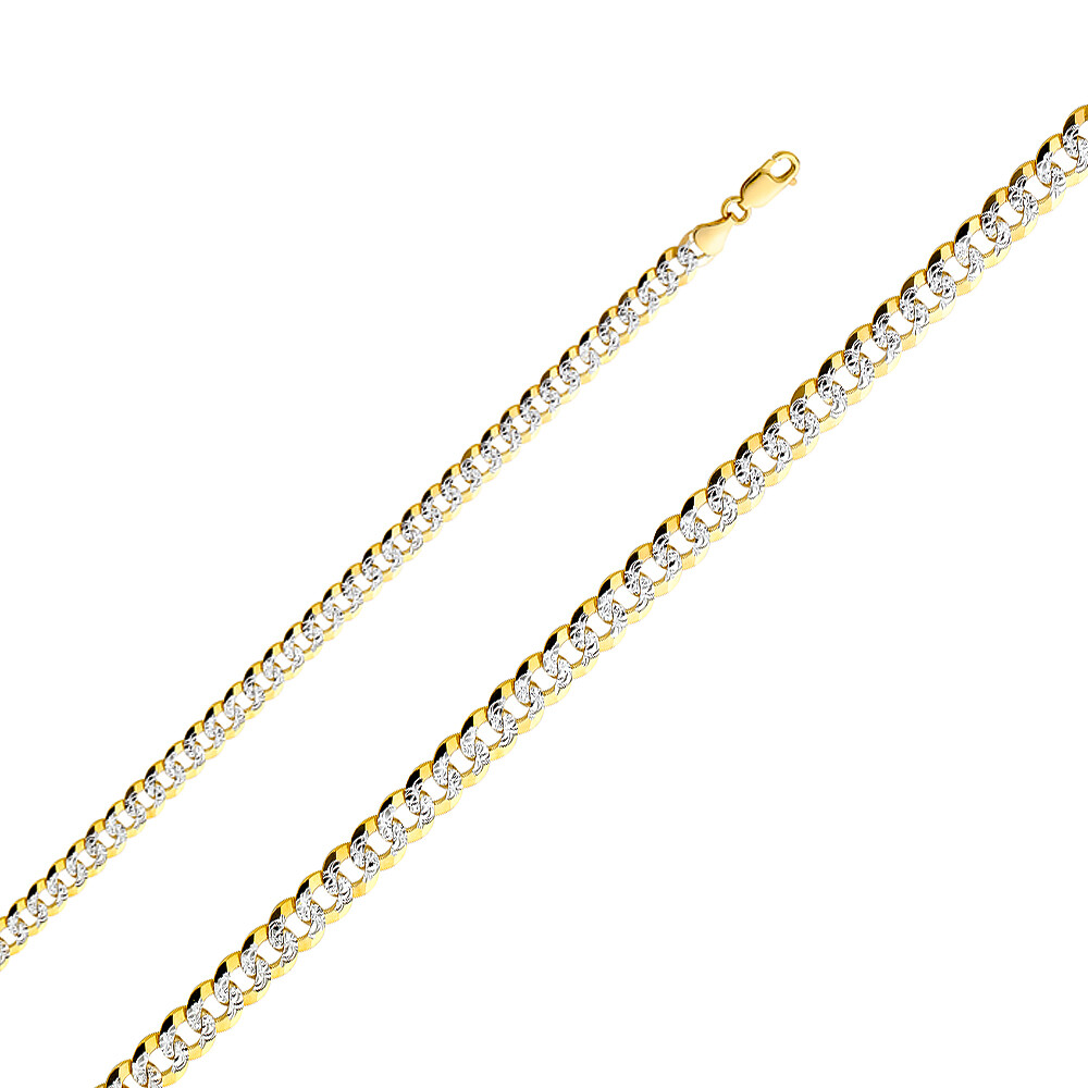 14K Yellow Solid Gold 6.9mm Cuban White Pave Chain Necklace with Lobster Clasp