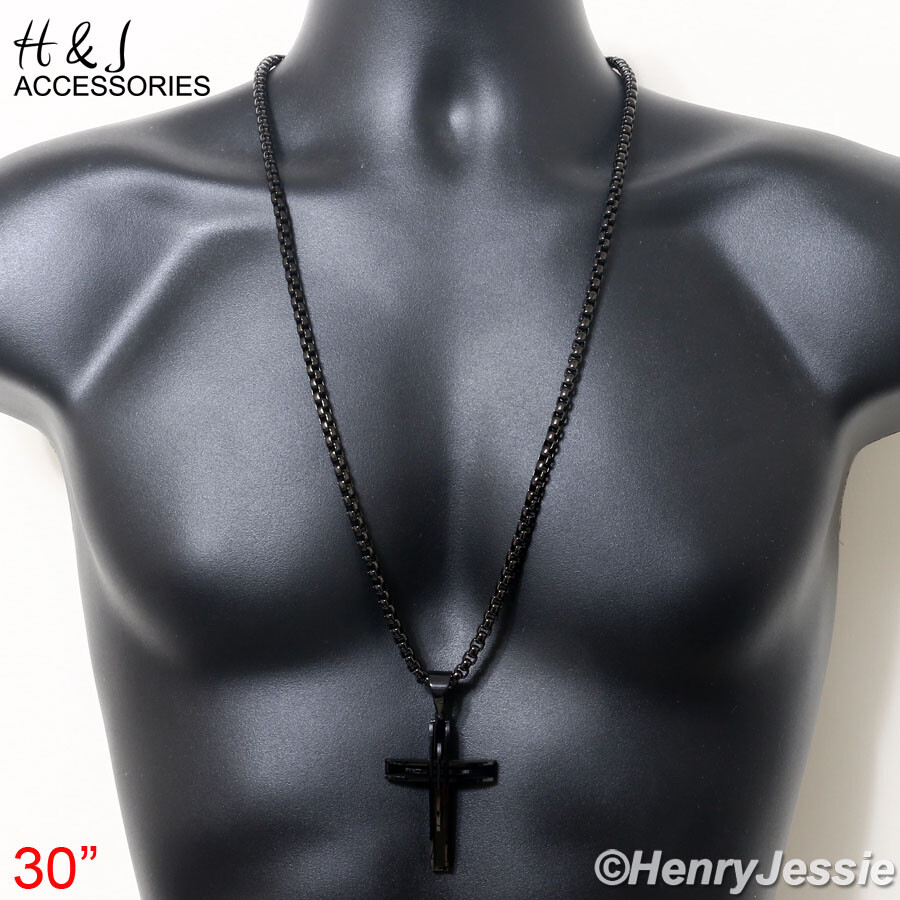 18″-40″MEN Stainless Steel 5mm Black Plated Box Link Chain Plain Cross Pendant*A