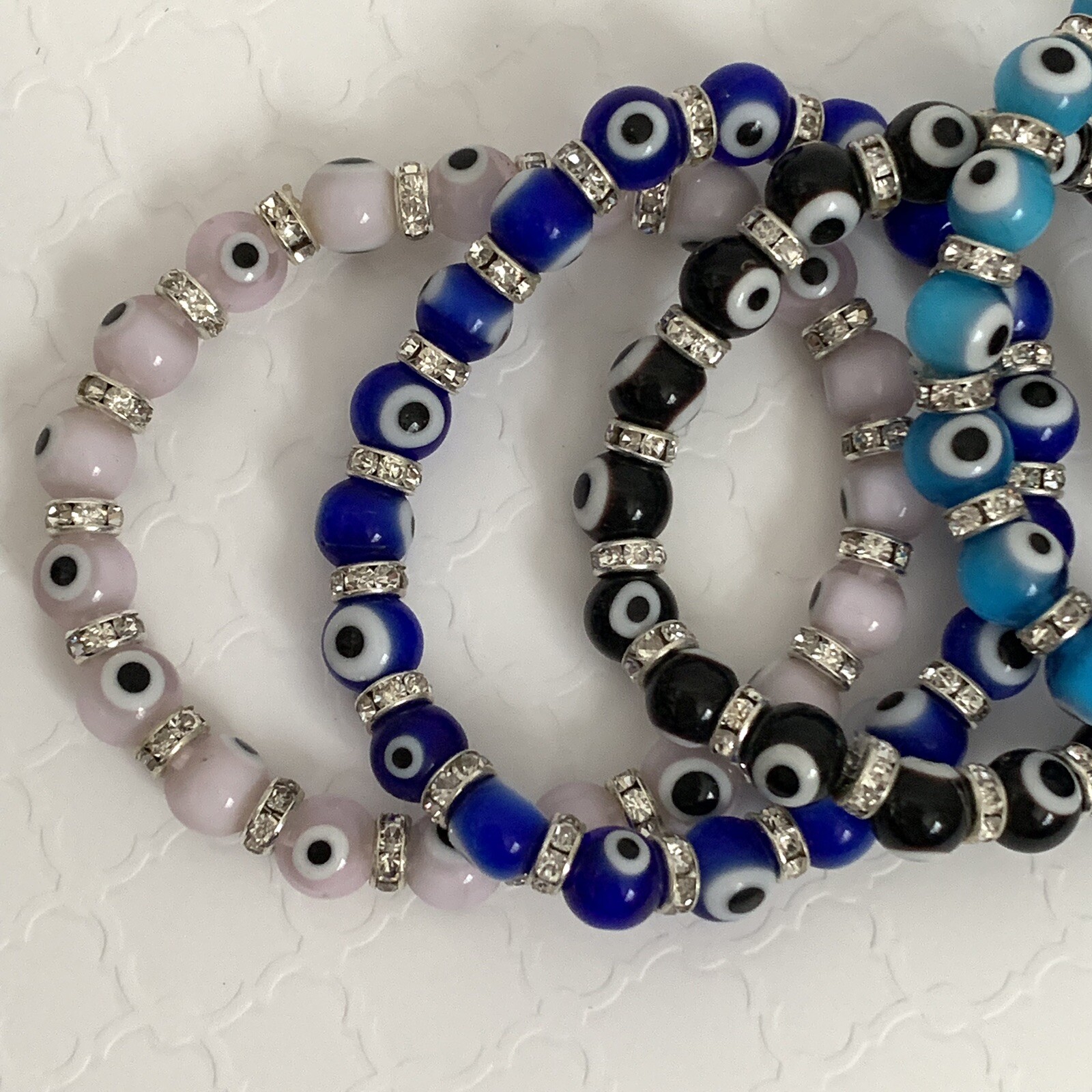 Evil Eye Bracelets Medium Glass Beads Crystals Elastic String Many Colors Stack
