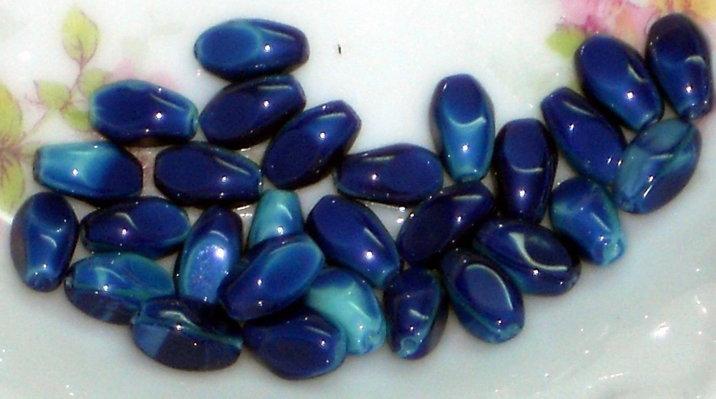 #1589 Vintage Beads Pressed Glass Japan Rice Cobalt Two tone Retro Blue NOS