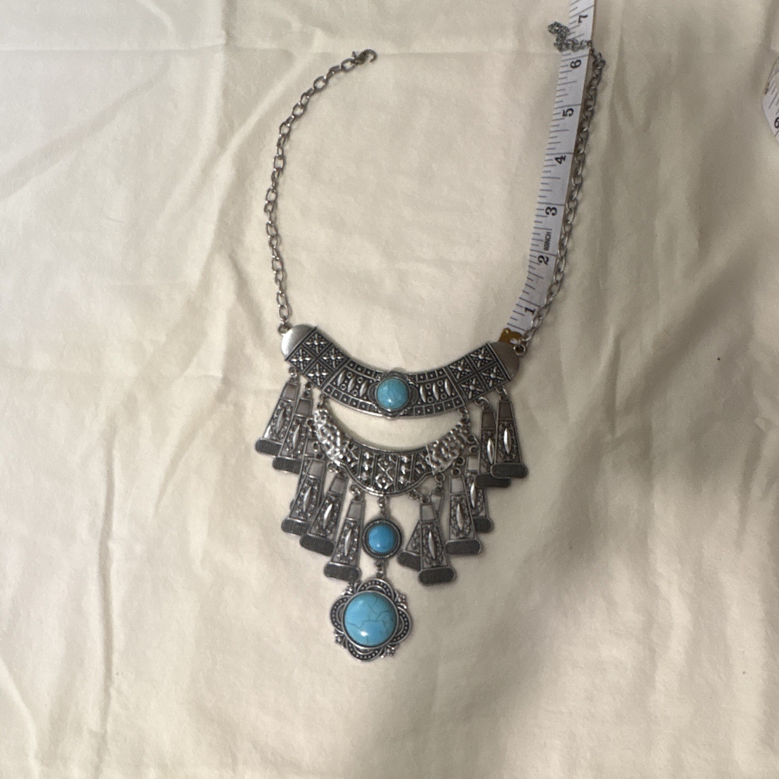 Silver-Tone Statement Bib Necklace Blue Turquoise Round Bezel Fringe Boho