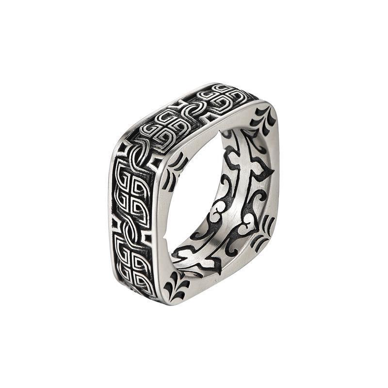 Men’s Ring Retro Square Round Pangu Trend Personality Domineering Handmade Ring