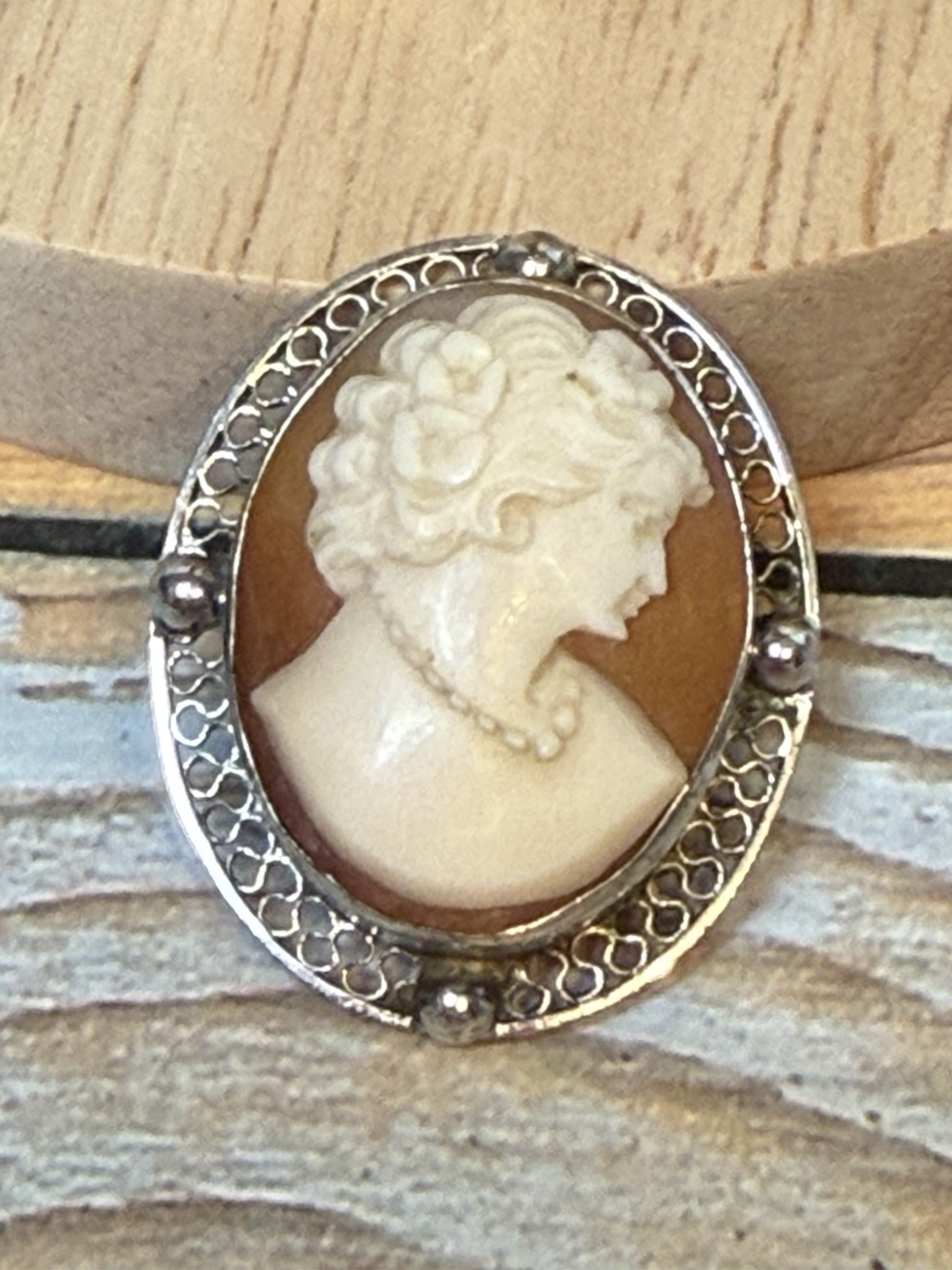 9. Sterling Shell Cameo 1.5” Right facing brooch sterling silver filigree frame