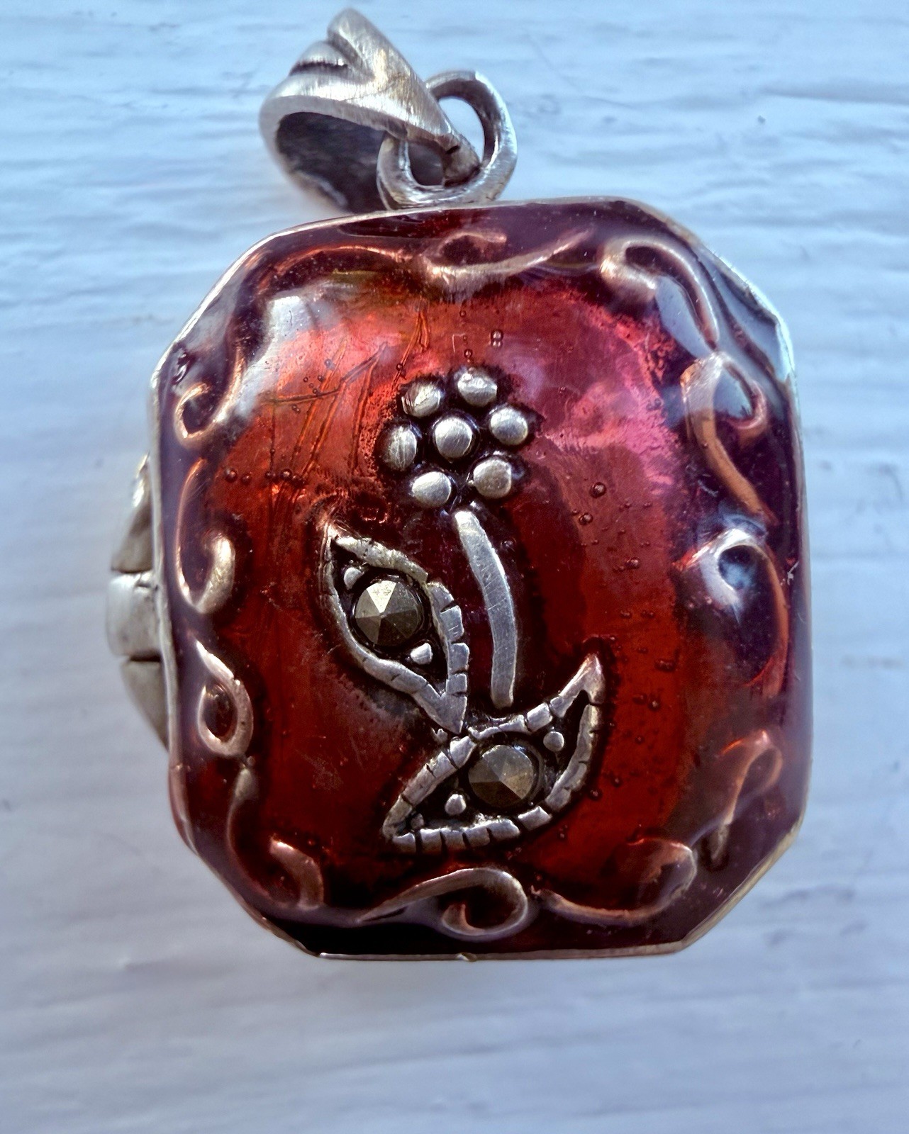 Vintage Sterling Silver Red Enamel Locket Pendant Marcasite Flower Center