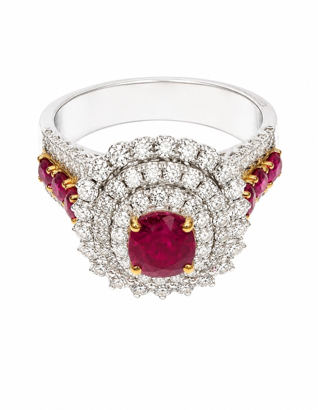 GIA Burmese Red Ruby Ring (Mogok Mine), No Heat Treatment, 18K Gold, 88 Diamonds