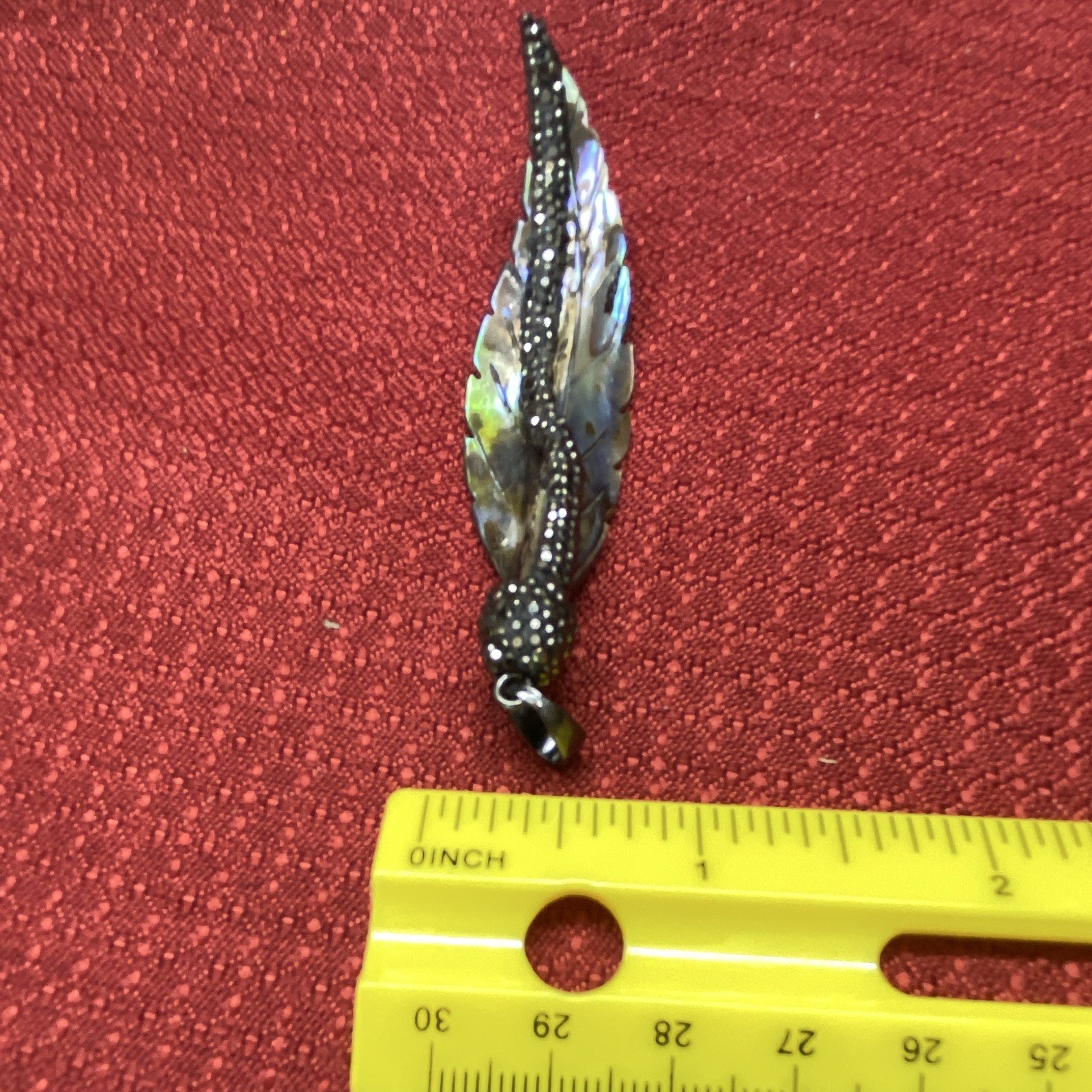 Vintage-Style Carved Abalone Shell Feather Pendant Charm Rhinestone Silver Black