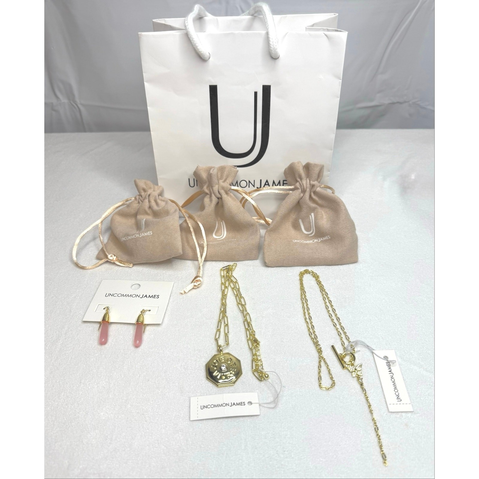 NWT Uncommon James Necklace Earrings 3 Piece Set Lot Gold Dainty Pendant