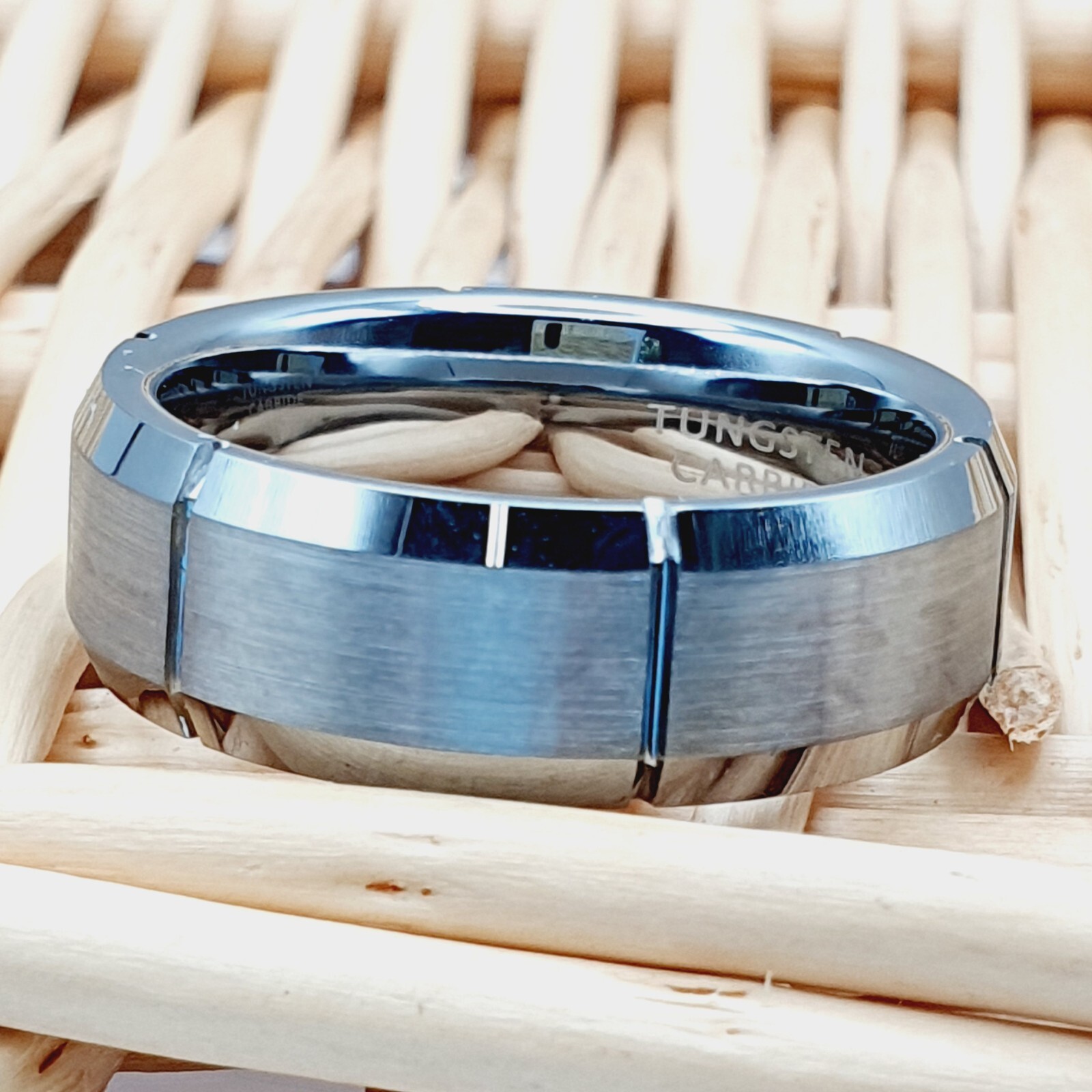 Mens Wedding Band Satin Brushed Ring High Polished Beveled Edges Tungsten Ring