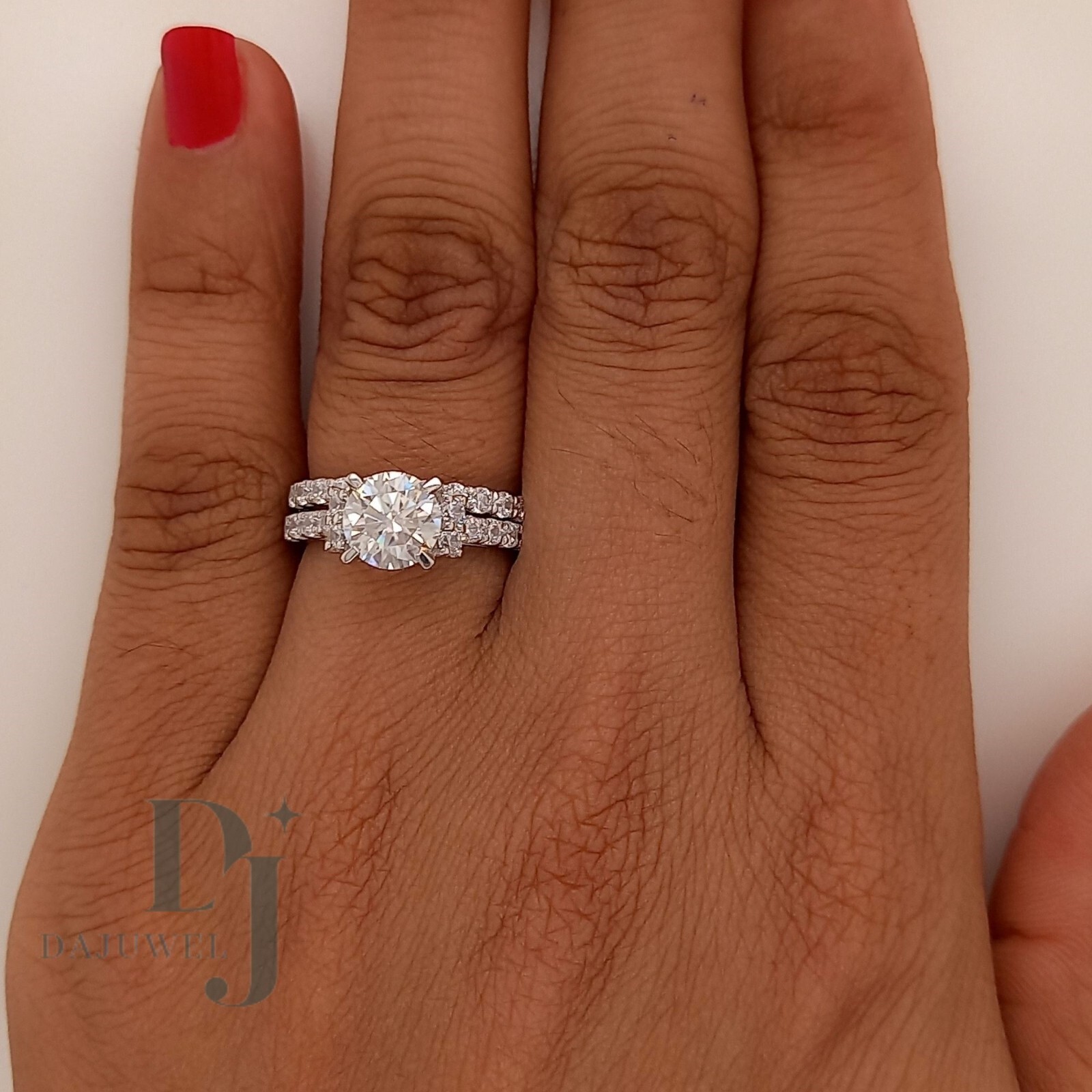 Moissanite Bridal Set Engagement Ring Solid 14K White Gold 2.50 CT Round Cut