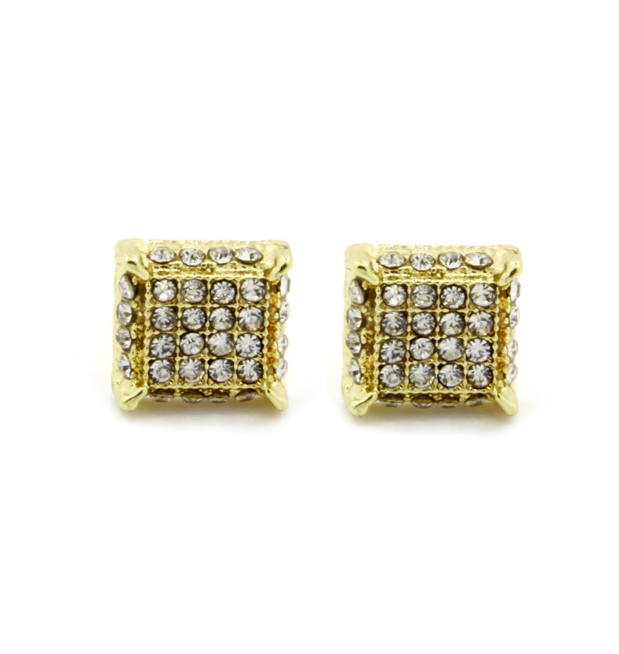 Mens Gold Plated Clear Cubic-Zirconia Cube Hip Hop Micro Pave Stud Earrings