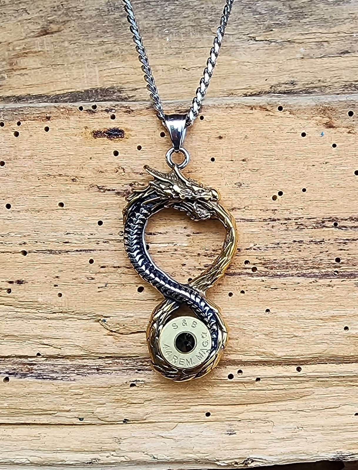 Lg Silver and Gold Stainless Dragon Bullet Necklace. 44 Mag. Optional Crystal.