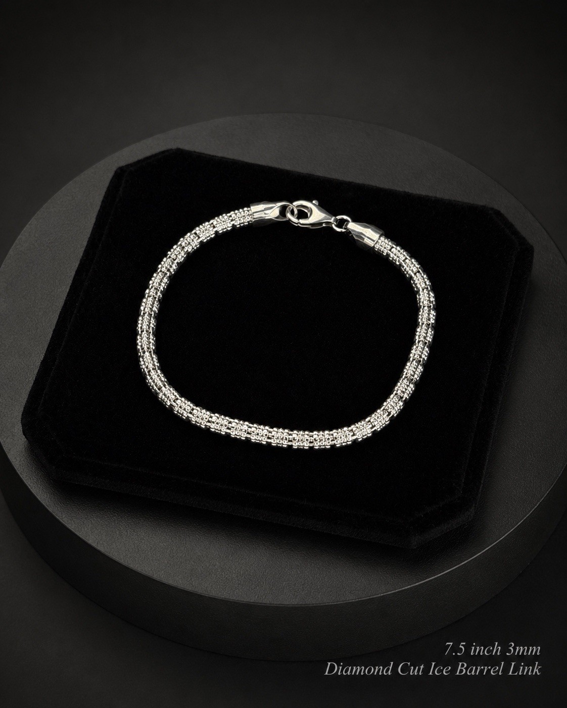 Silver Bar Link Chain Bracelet 7.5” Lobster Clasp Diamond Cut Ice Barrel