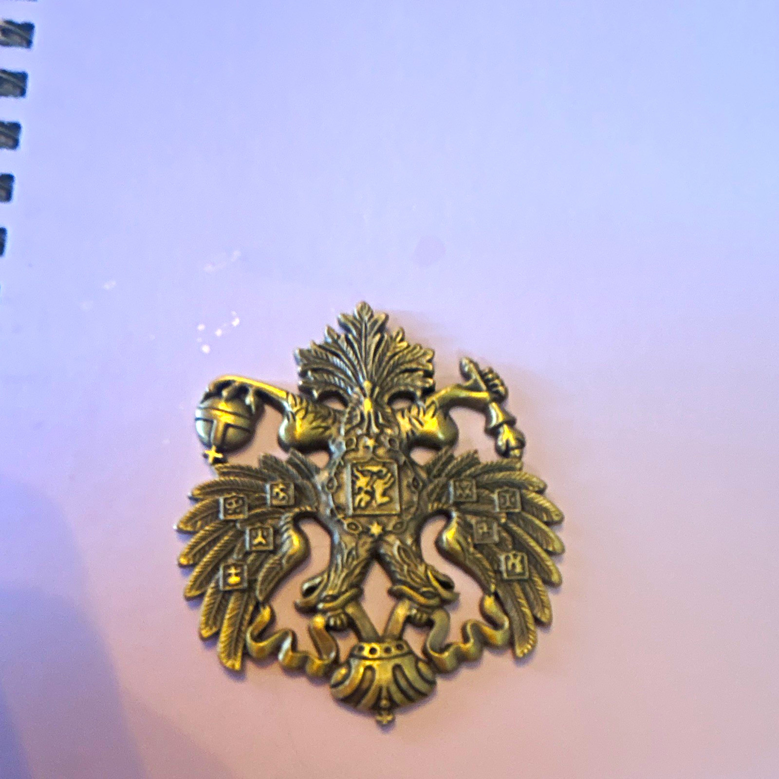 Brass Gold Tone Double-Headed Eagle Crest Heraldic Coat of Arms Brooch