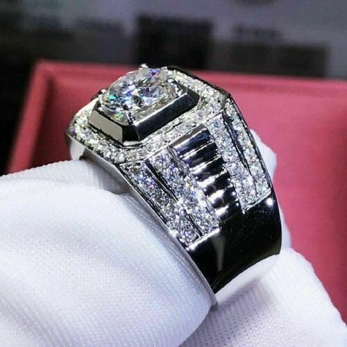 14K White Gold Over Men’s 2.10 CT Round Cut Moissanite Wedding Band Pinky Ring