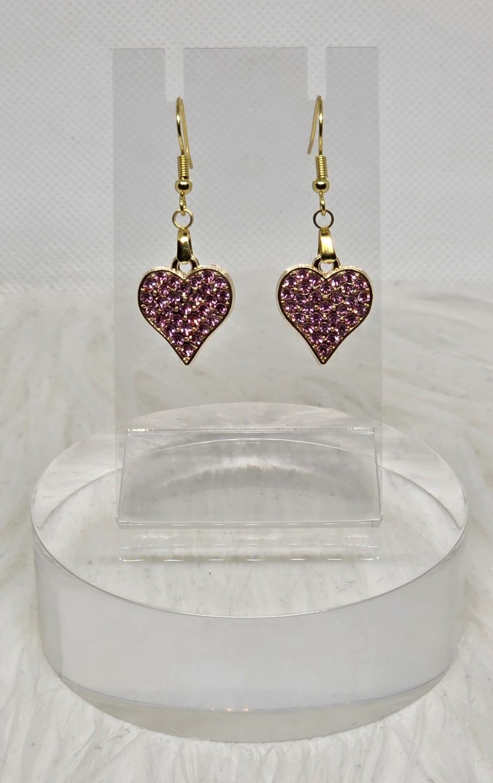 Valentines Day Dangling Gold & Pink Rhinestone Heart Golden French Hook Earrings