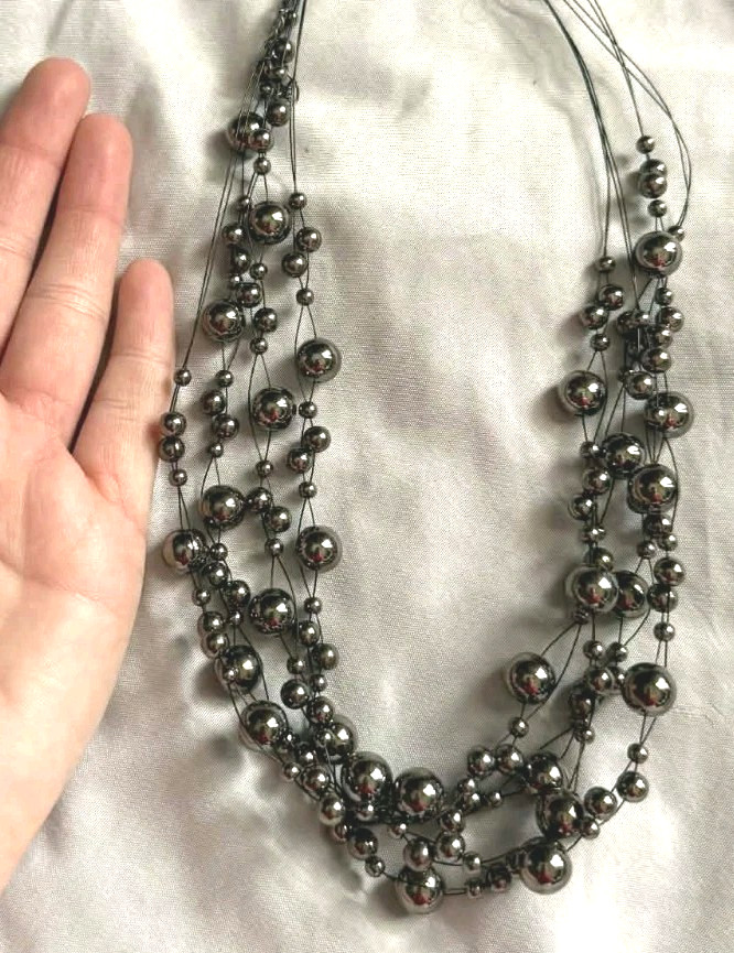 New Layered Silver Tone Multi Strand Necklace Floating Silver Tone Beads Trend
