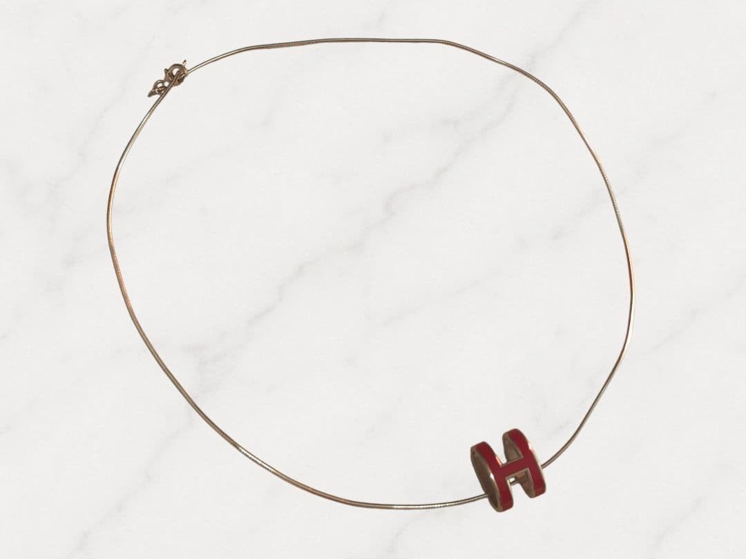 HERMES H Logo Necklace Red Silver 925 Vintage Authentic From Japan