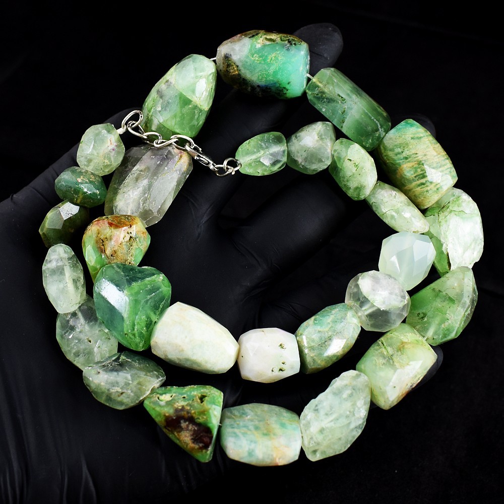 Faceted Green Fluorite &Chrysoprase 909 Cts Beaded Beautiful Necklace VK 33 E703