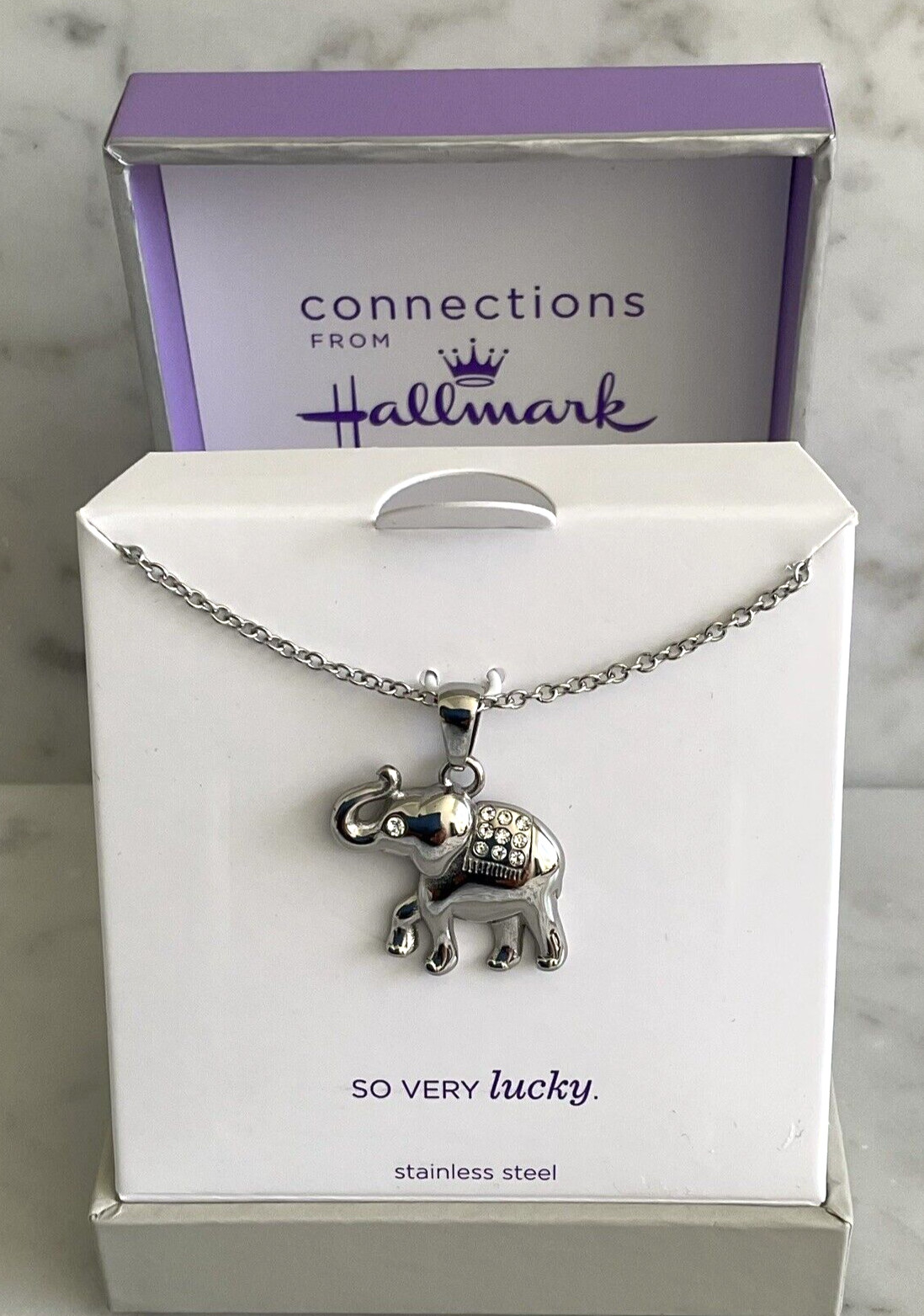 Connections from Hallmark “So Very Lucky” Elephant Stainless Steel Necklace 18″