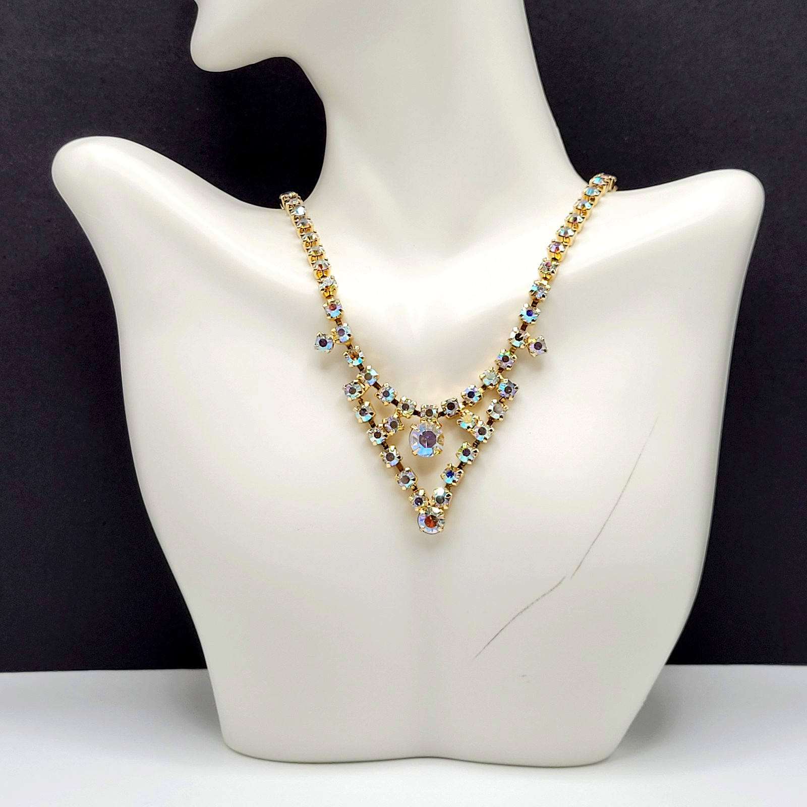 Swag or V Style Drop Choker AB Rhinestone Necklace Gold Tone Vintage 15 inch