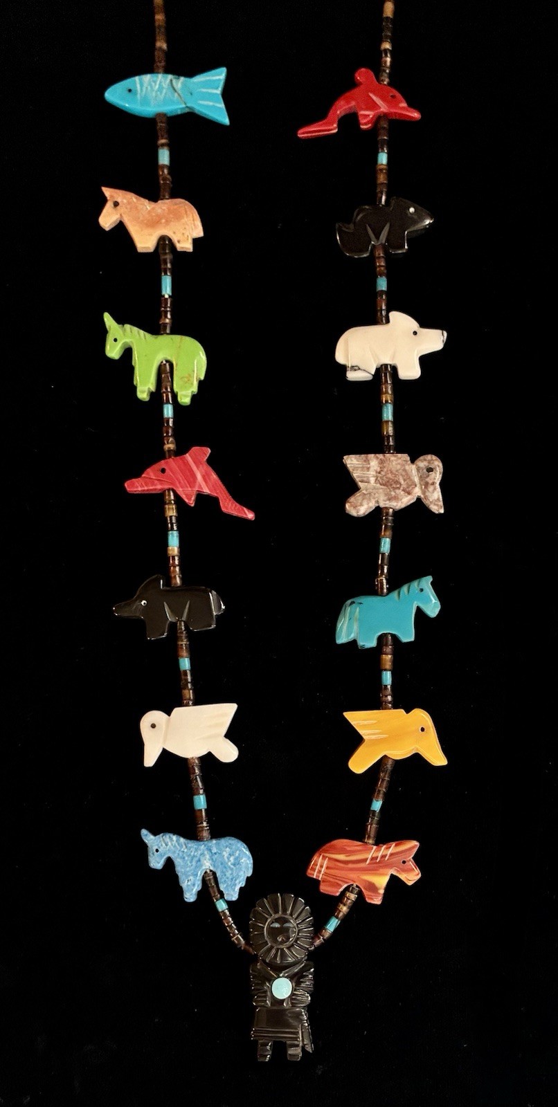 VINTAGE 15 KACHINA ANIMAL FETISH NECKLACE GEMSTONE SILVER SOUTHWESTERN TURQUOISE
