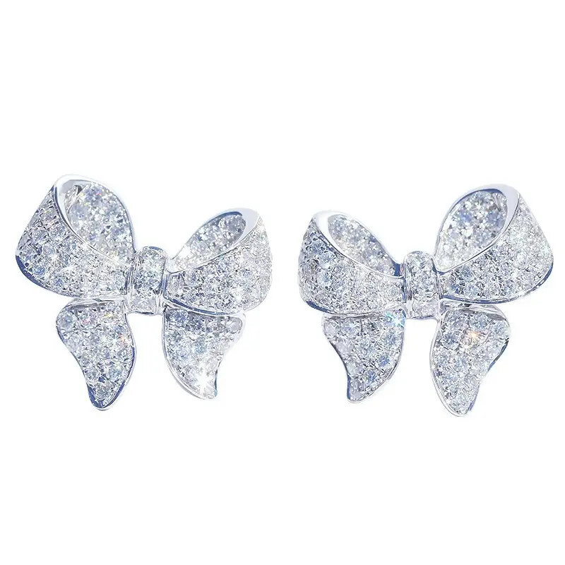 2ct Round Cut Moissanite Bow Design Stud Earring For Women 14K White Gold Plated