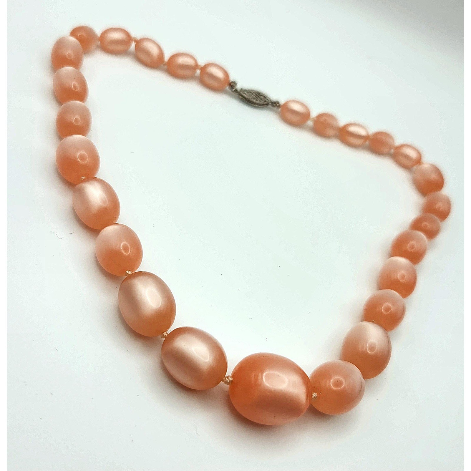 Vintage Pink Moonglow Graduated Lucite Necklace, Sterling Silver Clasp