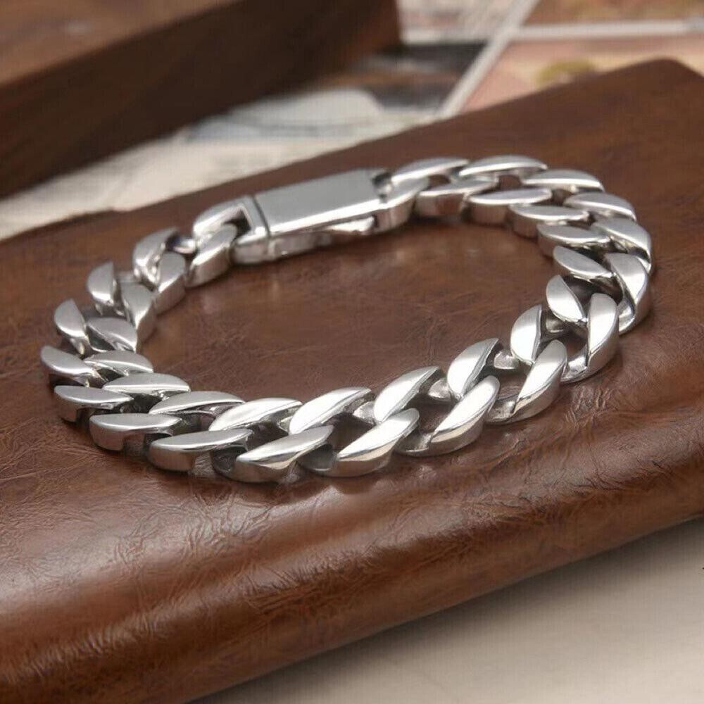 Pure S925 Sterling Silver Chain 13mm Cuban Curb Link Bracelet 7.1-8.7inch