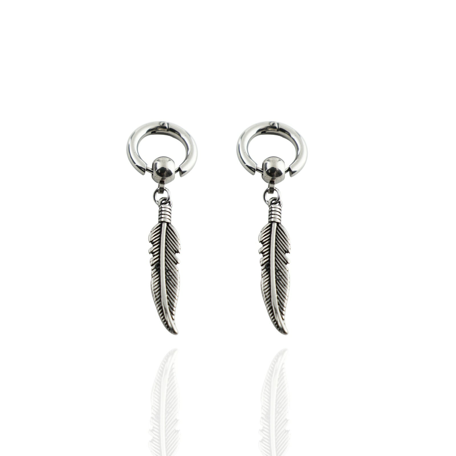 2pcs Stainless Steel Feather Circle Beads Huggie Hoop Dangle Drop Stud Earrings