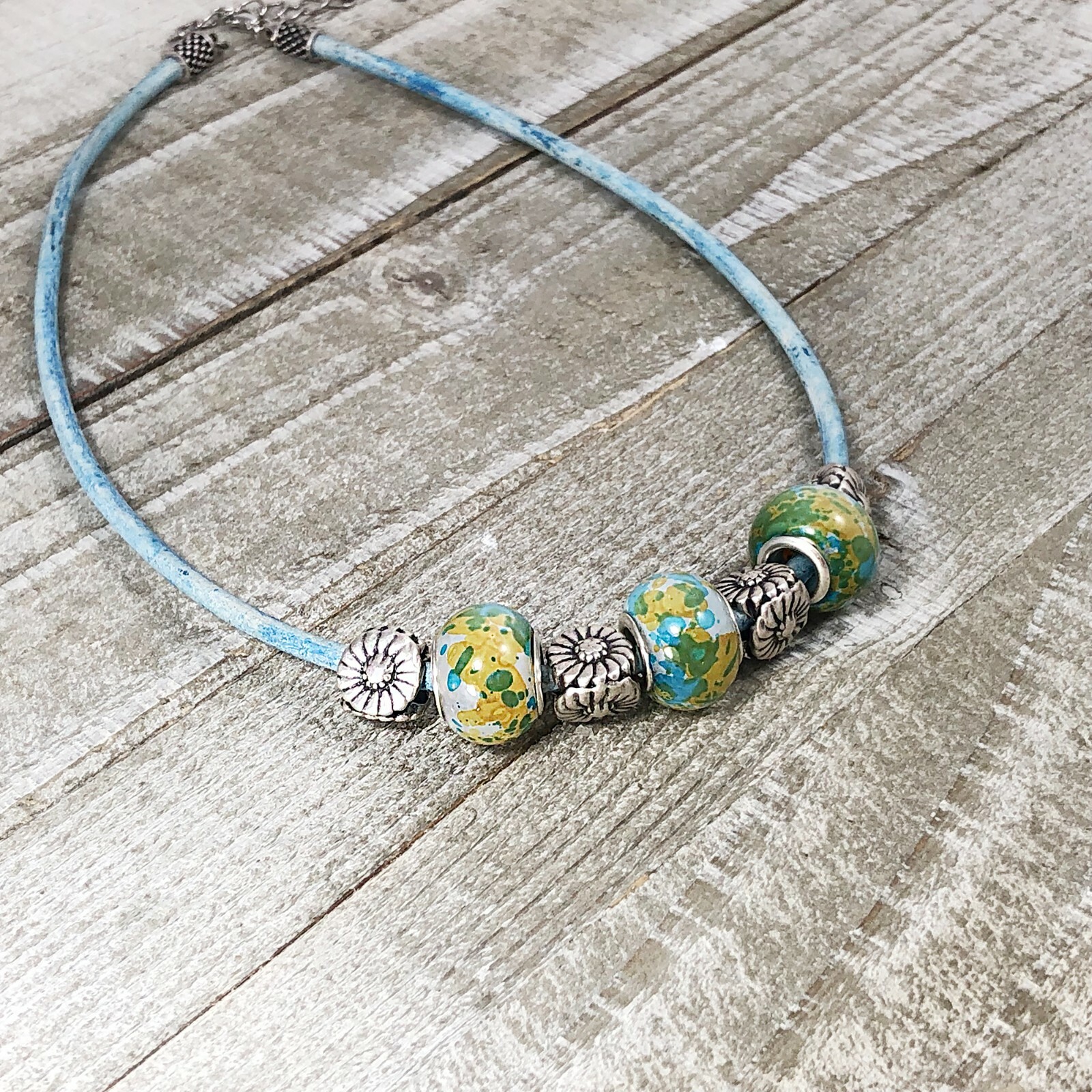Summer Choker with Cornflower Blue Leather Cord and Lampwork Beads