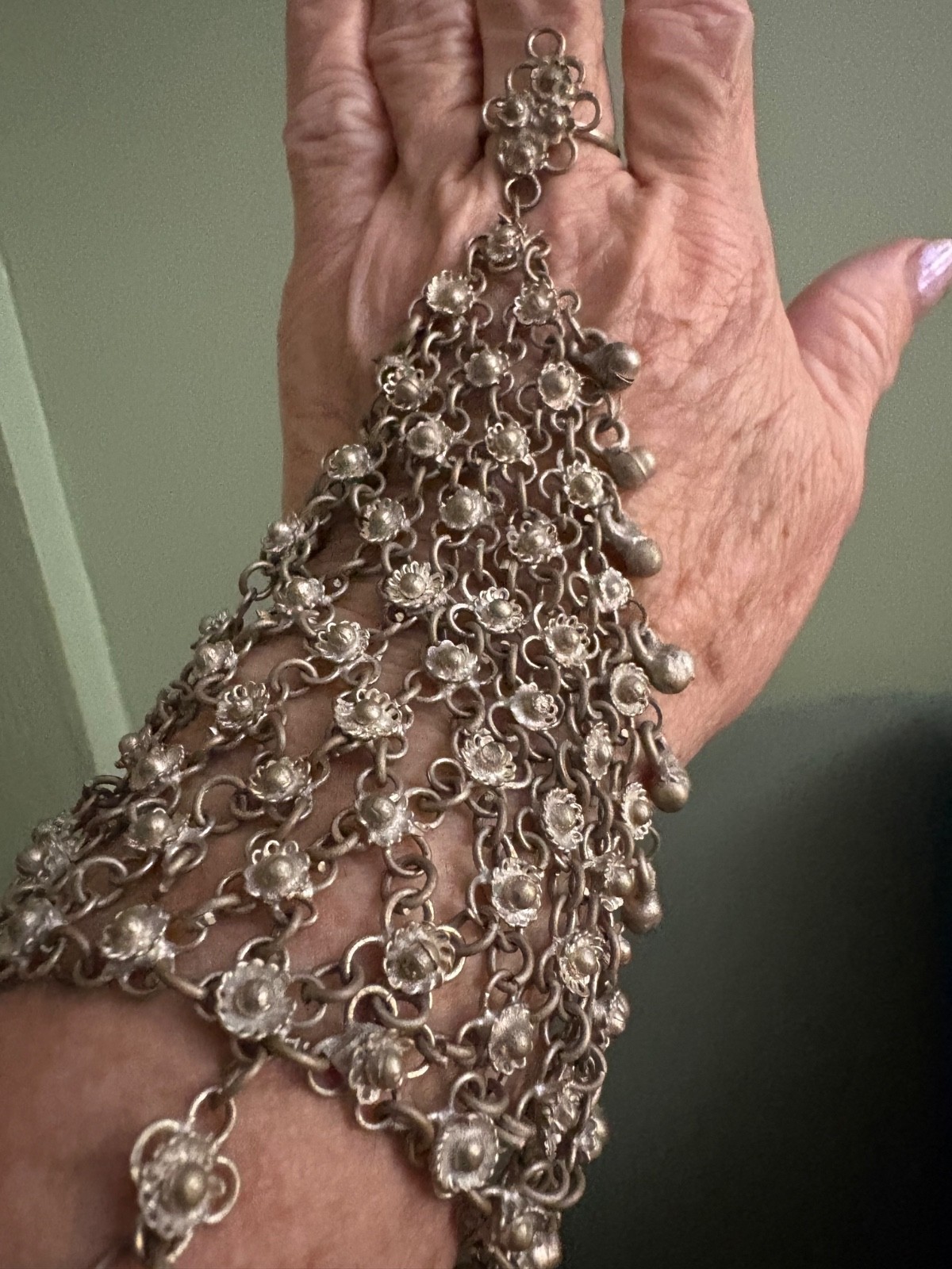 Afghan Kuchi Silver Toned Bracelet Waterfall Design with Connected Finger Ring