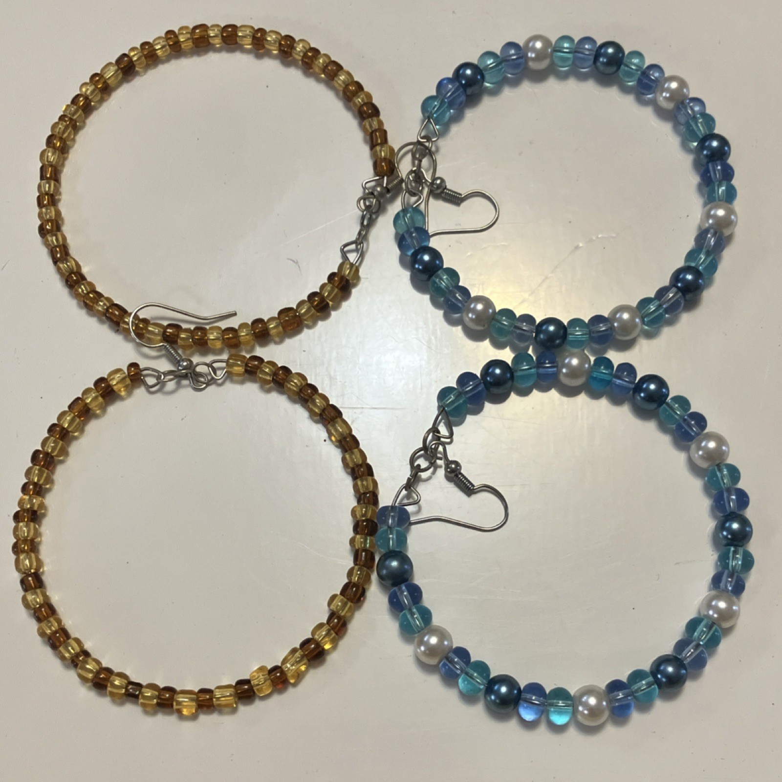 Handcrafted Artisan Beaded Glass Hoop Earrings Brown Blue White Round Hook Lobe