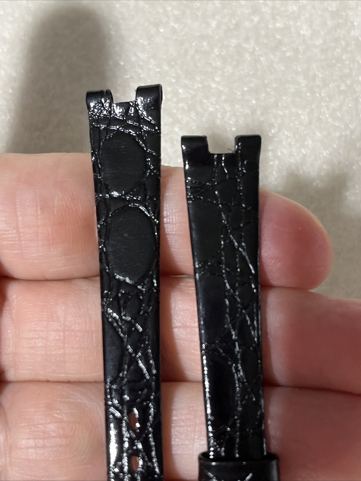 Jacques Edho Watch Strap 12mm Notched Thin Shiny Black Crocodile Print w/ Buckle