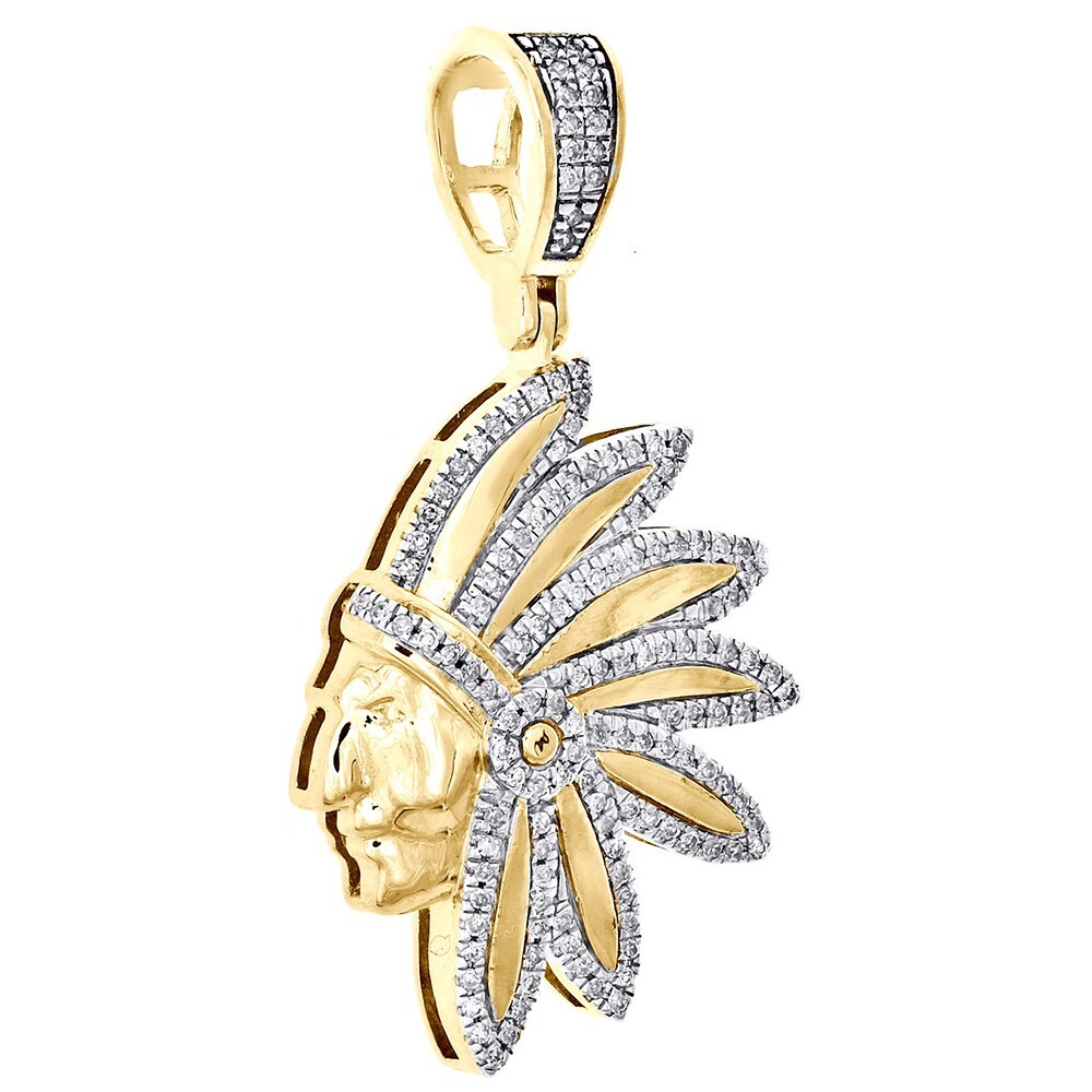 0.60Ct Simulated Diamond 14K Yellow Gold Fn Native American Indian Pendant 1.30″