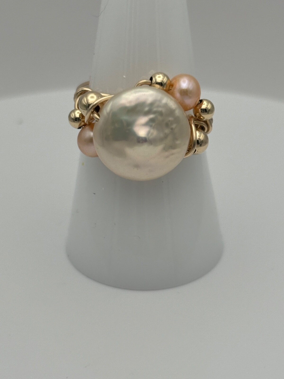 Handmade Freshwater Pink/Gold Coin Pearl Ring in 14k Gold Fill