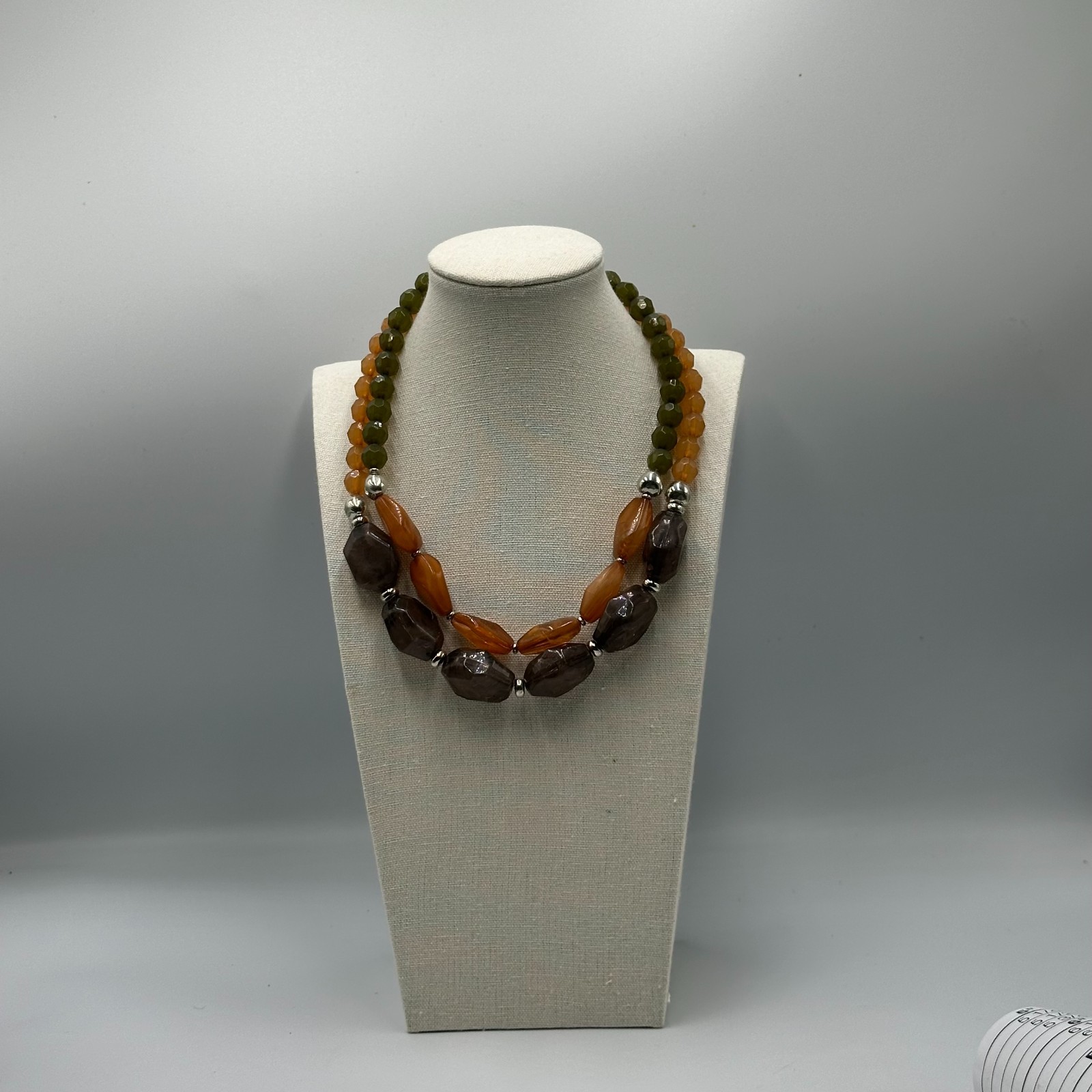 Multicolored Bead Necklace Silver Tone Orange Brown Green Color Block 2 Strand