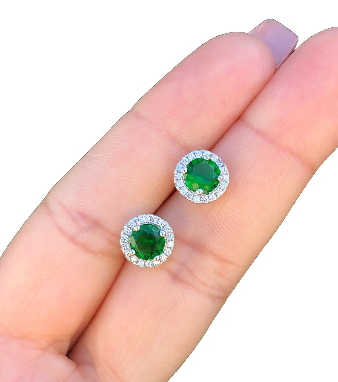 4 Ct Round Lab Created Green & White Sapphire Halo Stud Earrings 14K White Gold