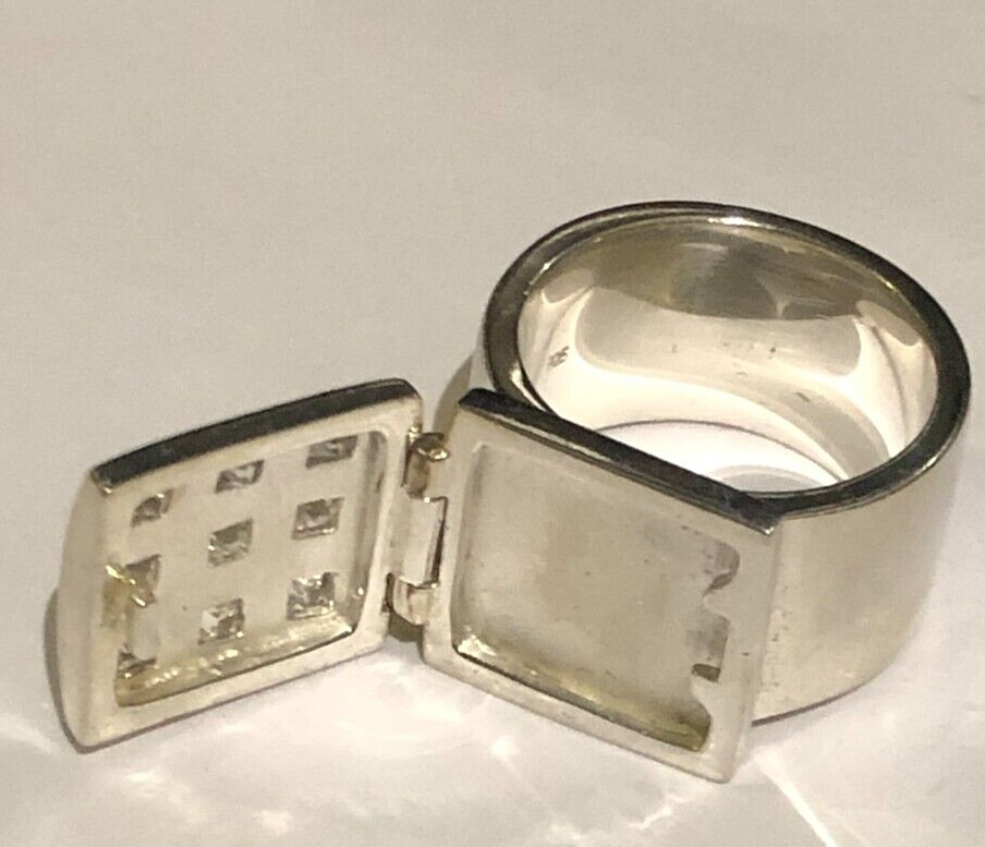 Sterling Silver PILL BOX RING 925 solid 11mm WIDE clear stone Secret Ring Size R