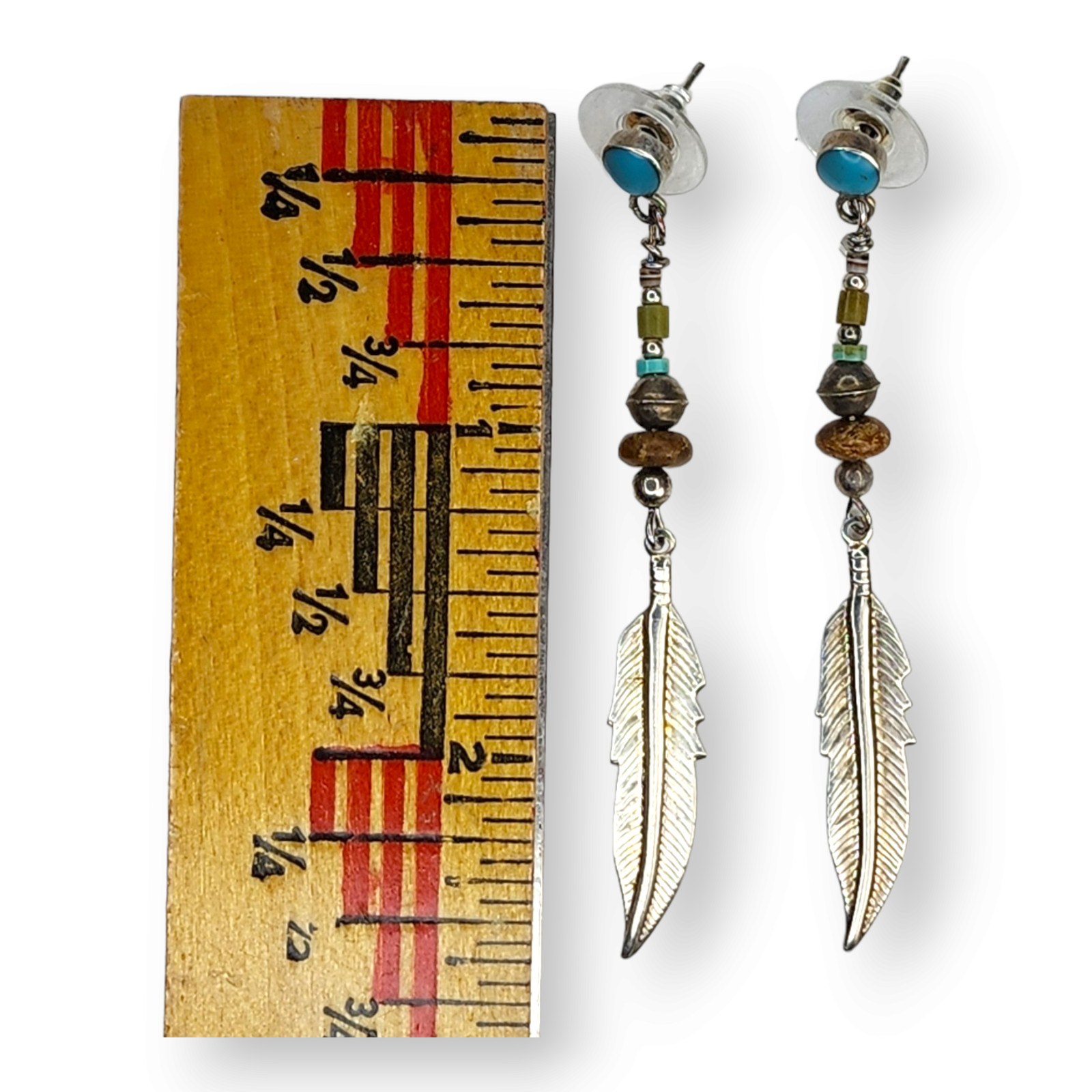 Vintage Sterling Silver 925 Turquoise Feather Stone Post Earrings