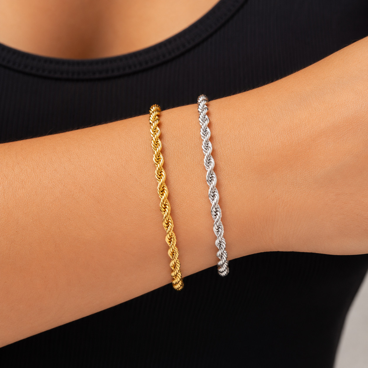 Stainless Steel Gold Plated Rope Chain Bracelet 3mm Unisex Hip Hop Jewelry